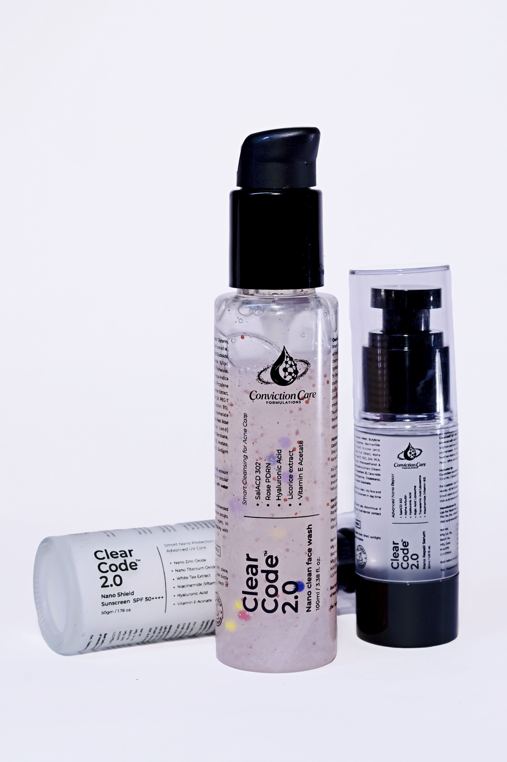 ClearCode 2.0 Complete Skin Kit | 3-Step Routine for Acne, Dark Spots, Melasma, Oily Skin, Dullness & Sun Protection - Face Wash + Nano Repair Serum + SPF 50++++ Sunscreen