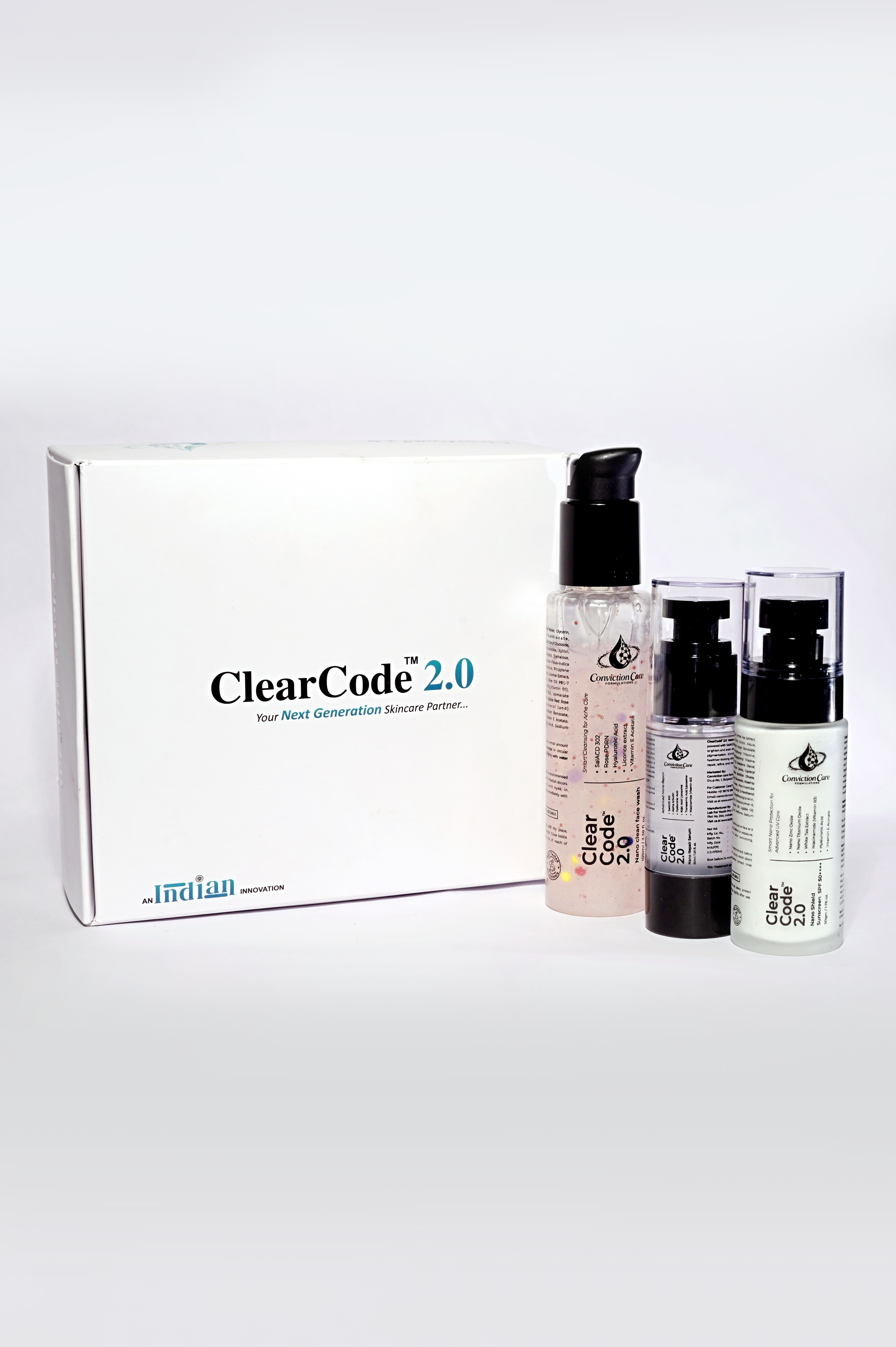 ClearCode 2.0 Complete Skin Kit | 3-Step Routine for Acne, Dark Spots, Melasma, Oily Skin, Dullness & Sun Protection - Face Wash + Nano Repair Serum + SPF 50++++ Sunscreen