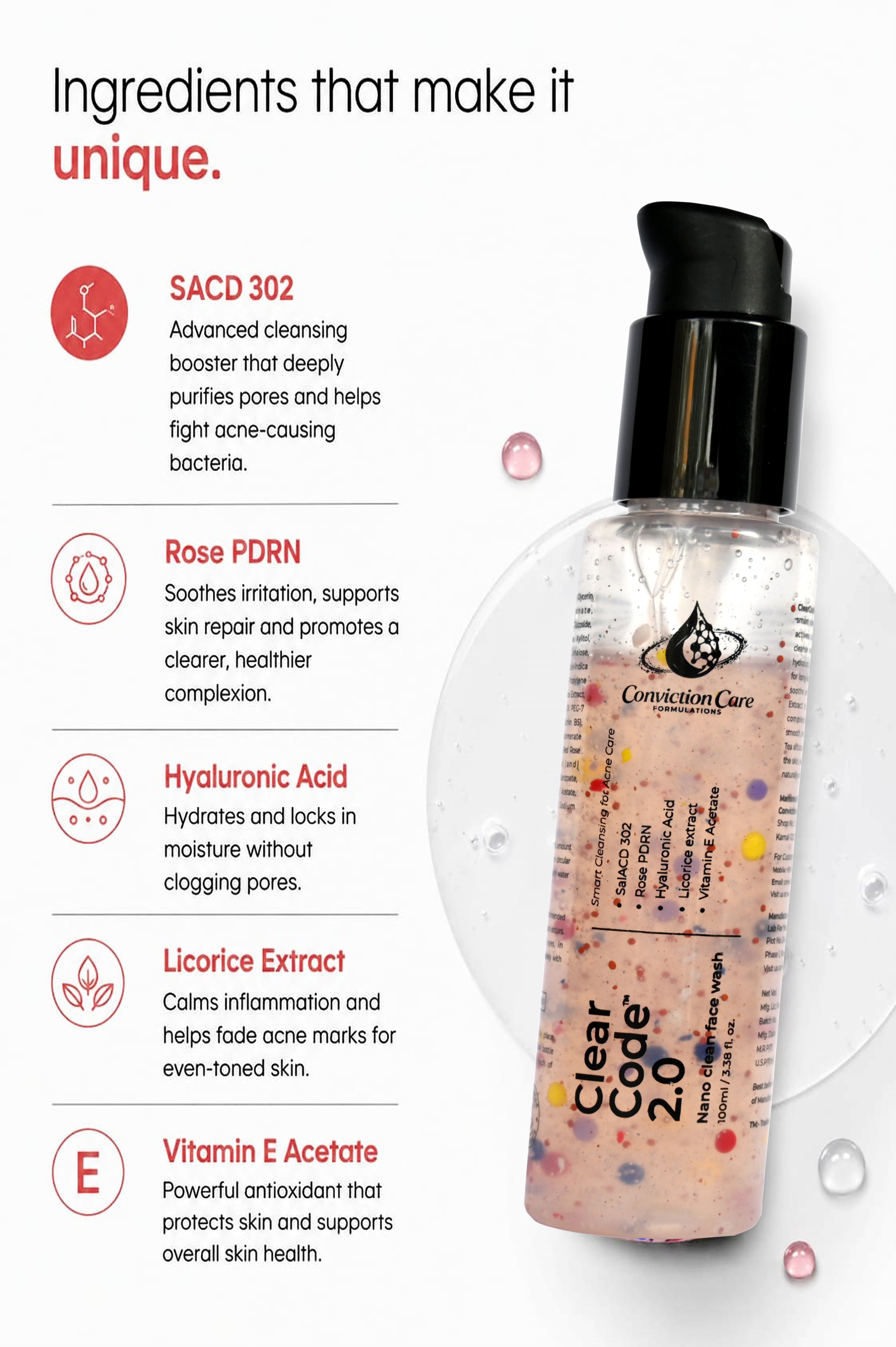 ClearCode 2.0 Nano Clean Face Wash | Rose PDRN + 9-Humectant  + Sal ACD302 Advanced Skin Cleanser