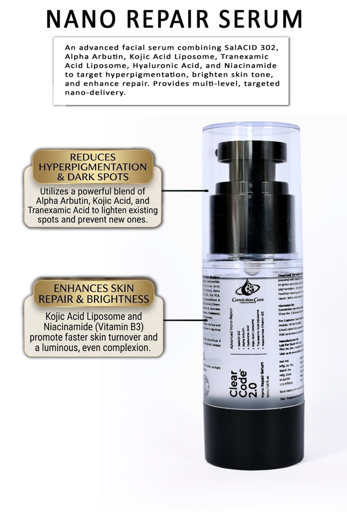 ClearCode 2.0 Nano Repair Serum | Complete Skin Correction - Brightening + Acne + Dark Spots + Melasma + Pores + Hydration + Barrier Repair with Liposomal Tranexamic Acid & Ceramides