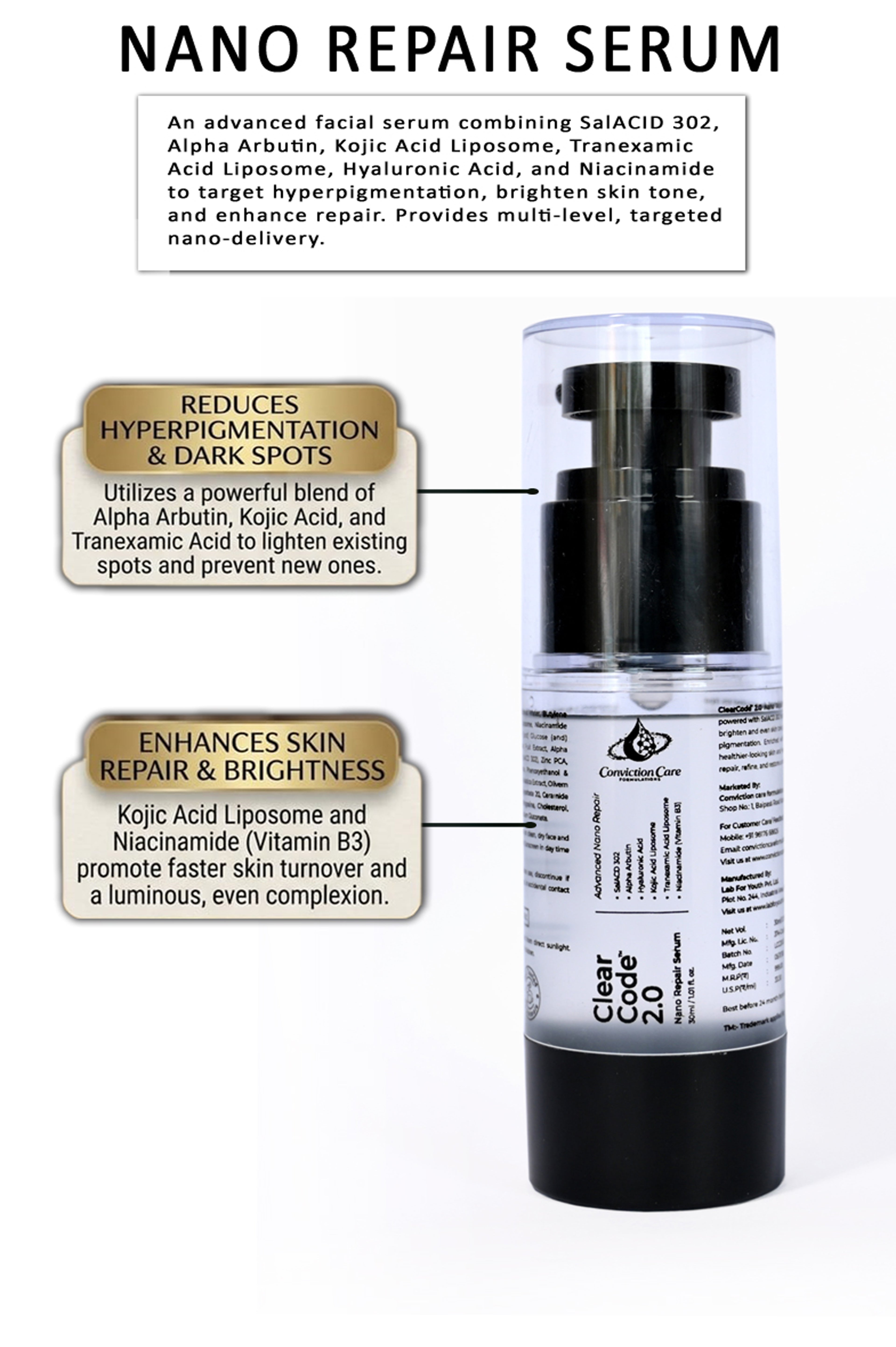 ClearCode 2.0 Nano Repair Serum | Complete Skin Correction - Brightening + Acne + Dark Spots + Melasma + Pores + Hydration + Barrier Repair with Liposomal Tranexamic Acid & Ceramides