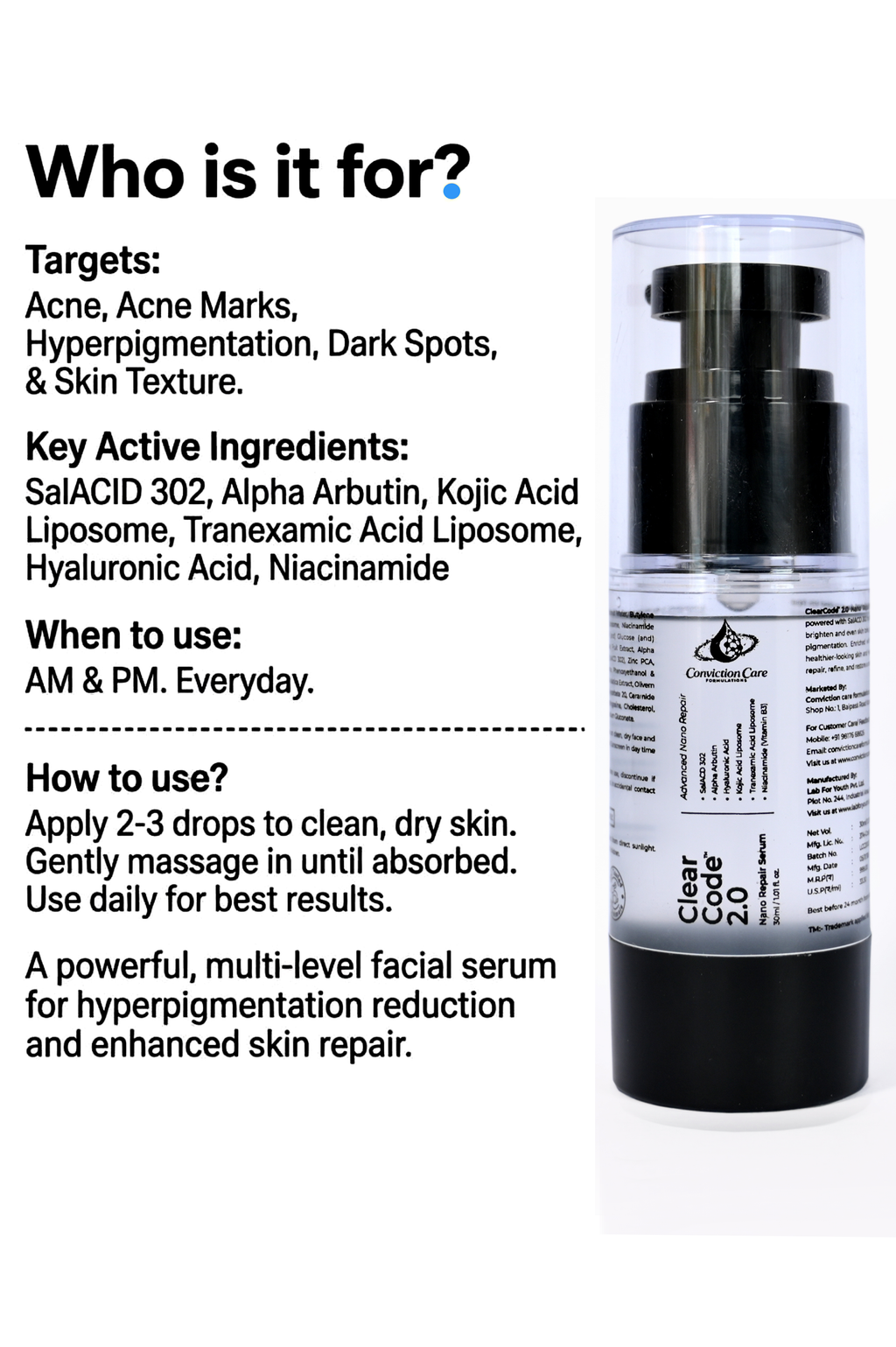ClearCode 2.0 Nano Repair Serum | Complete Skin Correction - Brightening + Acne + Dark Spots + Melasma + Pores + Hydration + Barrier Repair with Liposomal Tranexamic Acid & Ceramides