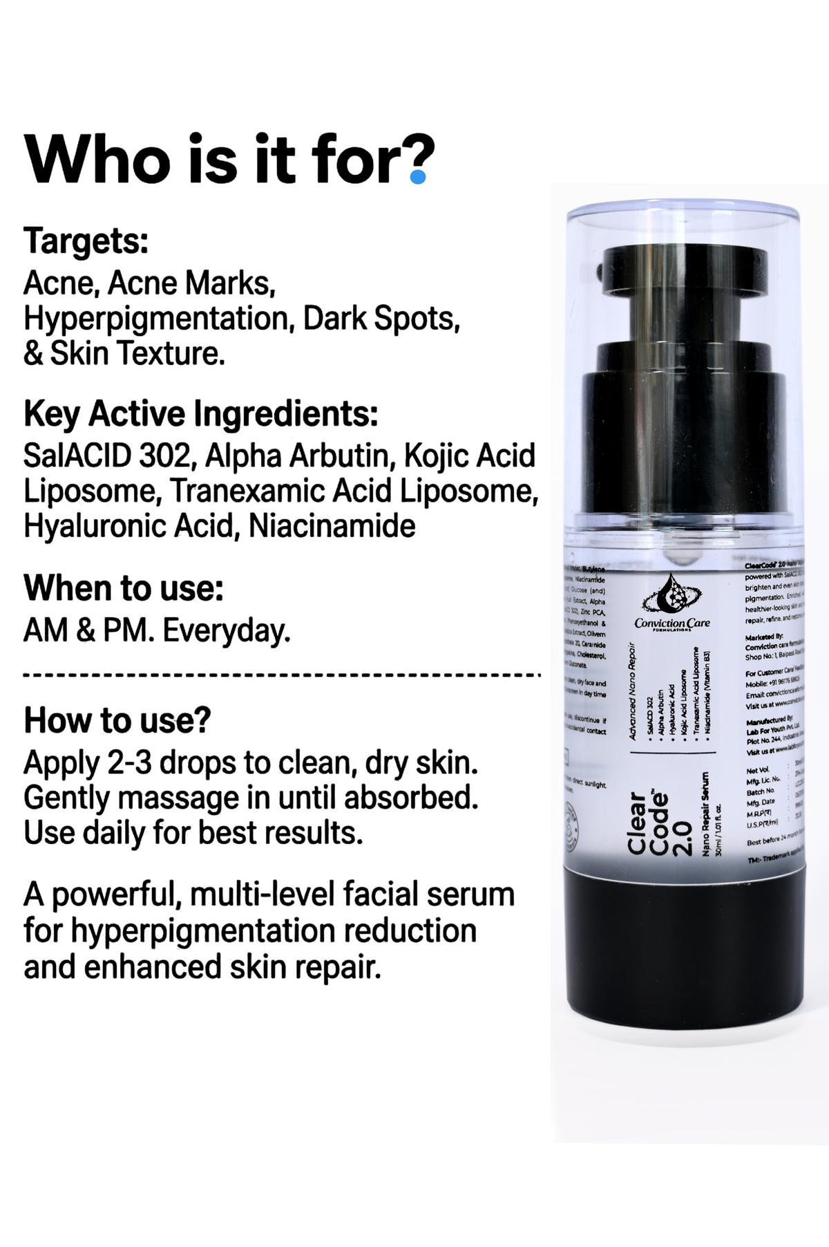 ClearCode 2.0 Nano Repair Serum | Complete Skin Correction - Brightening + Acne + Dark Spots + Melasma + Pores + Hydration + Barrier Repair with Liposomal Tranexamic Acid & Ceramides